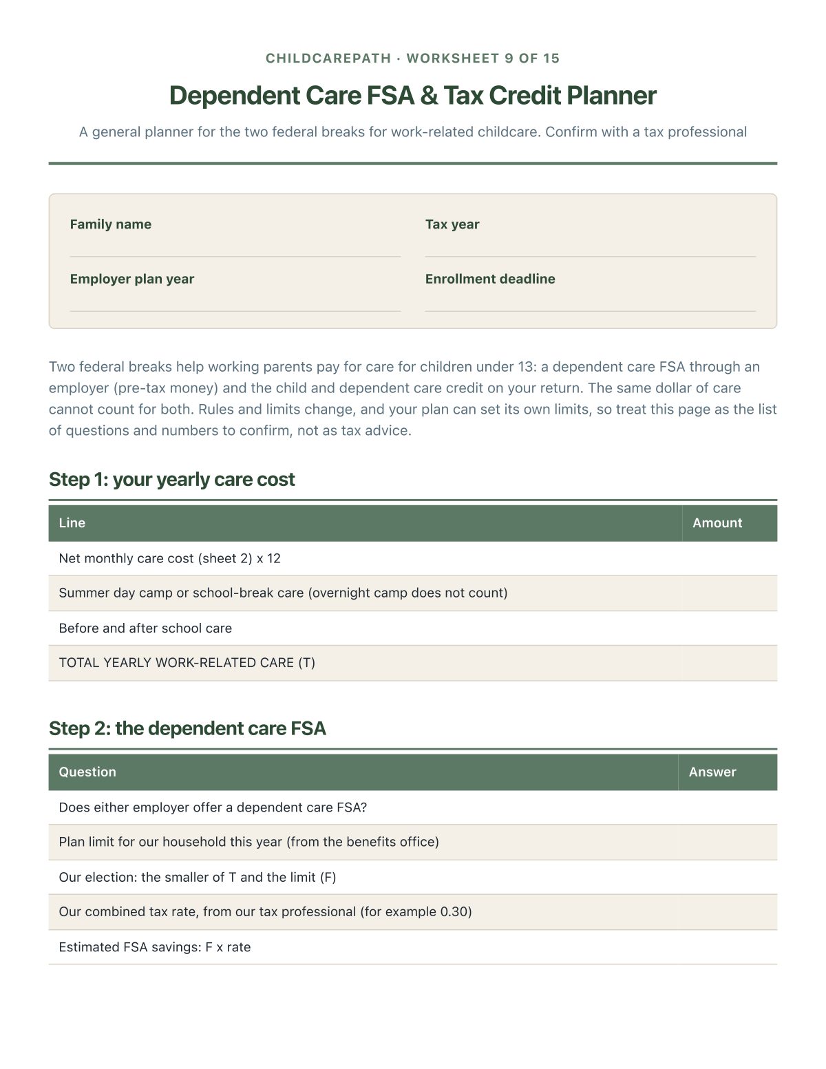 Dependent care FSA and tax credit planner (general, confirm with a tax professional)
