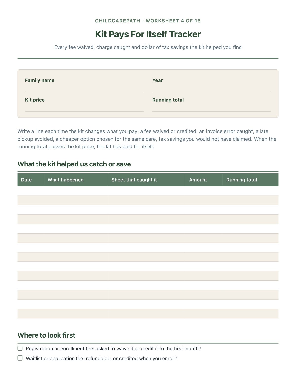 Kit Pays For Itself Tracker: every fee caught and dollar saved